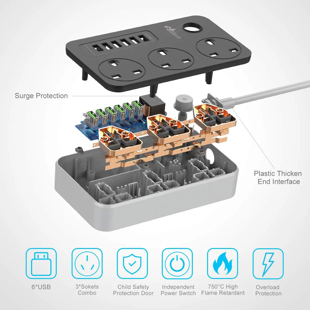 Cube Extension Lead with 6 USB Slots 13A 3250W Hulker 3 Gang Plug Socket with Switch 3 Way Power Strip with 6 USB Port 1.5M