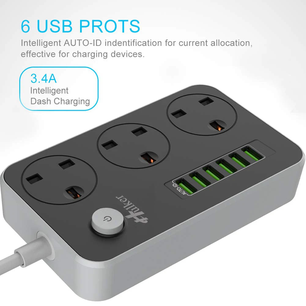 Cube Extension Lead with 6 USB Slots 13A 3250W Hulker 3 Gang Plug Socket with Switch 3 Way Power Strip with 6 USB Port 1.5M
