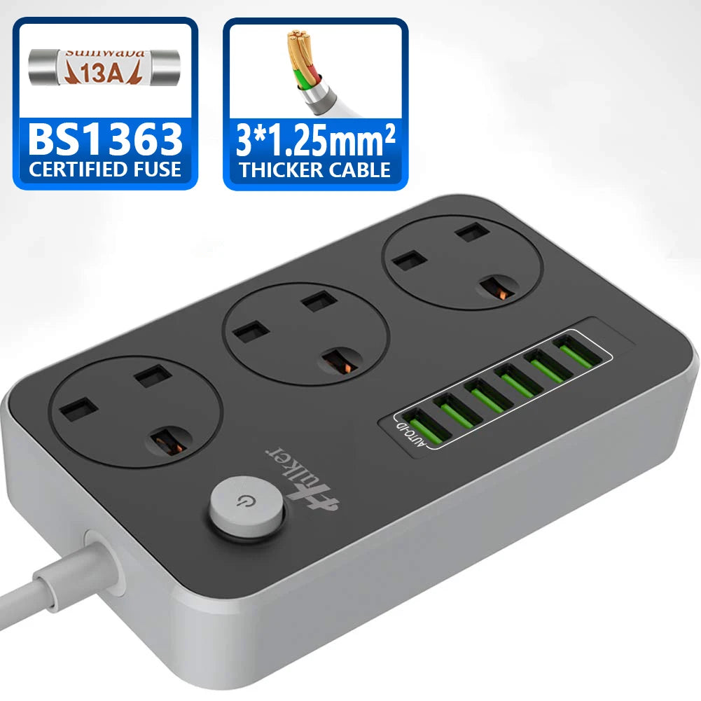 Cube Extension Lead with 6 USB Slots 13A 3250W Hulker 3 Gang Plug Socket with Switch 3 Way Power Strip with 6 USB Port 1.5M