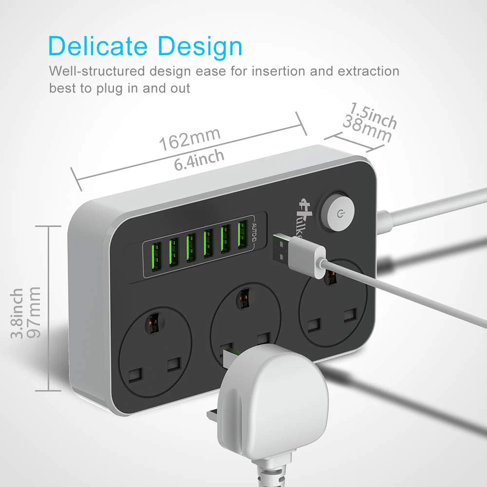 Cube Extension Lead with 6 USB Slots 13A 3250W Hulker 3 Gang Plug Socket with Switch 3 Way Power Strip with 6 USB Port 1.5M