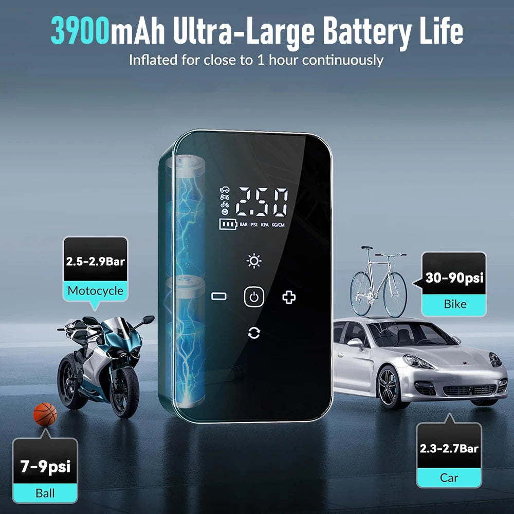 Wireless Air Pump Touch Screen Portable Electric Tire Inflator Mini Air Compressor for Motorcycle Bicycle Car Tire Ball Inflator