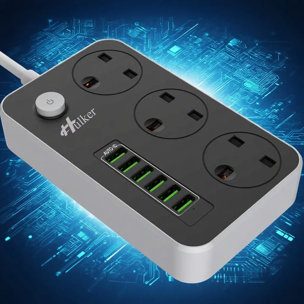 Cube Extension Lead with 6 USB Slots 13A 3250W Hulker 3 Gang Plug Socket with Switch 3 Way Power Strip with 6 USB Port 1.5M