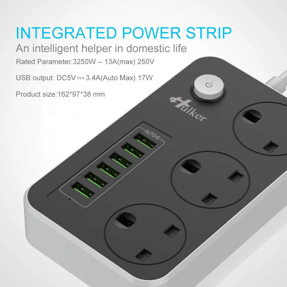Cube Extension Lead with 6 USB Slots 13A 3250W Hulker 3 Gang Plug Socket with Switch 3 Way Power Strip with 6 USB Port 1.5M